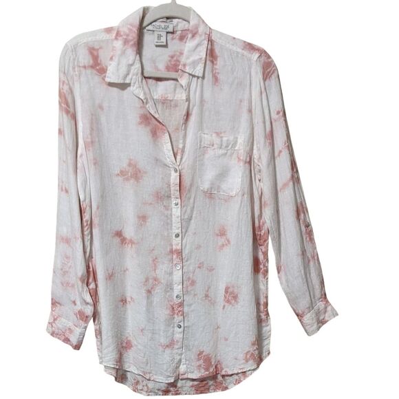 Rachel Zoe long line tunic 100% linen tie dye white pink button blouse top M - Picture 8 of 8